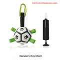 Inflatable dog toy shaped like a soccer ball with green straps and a pump 