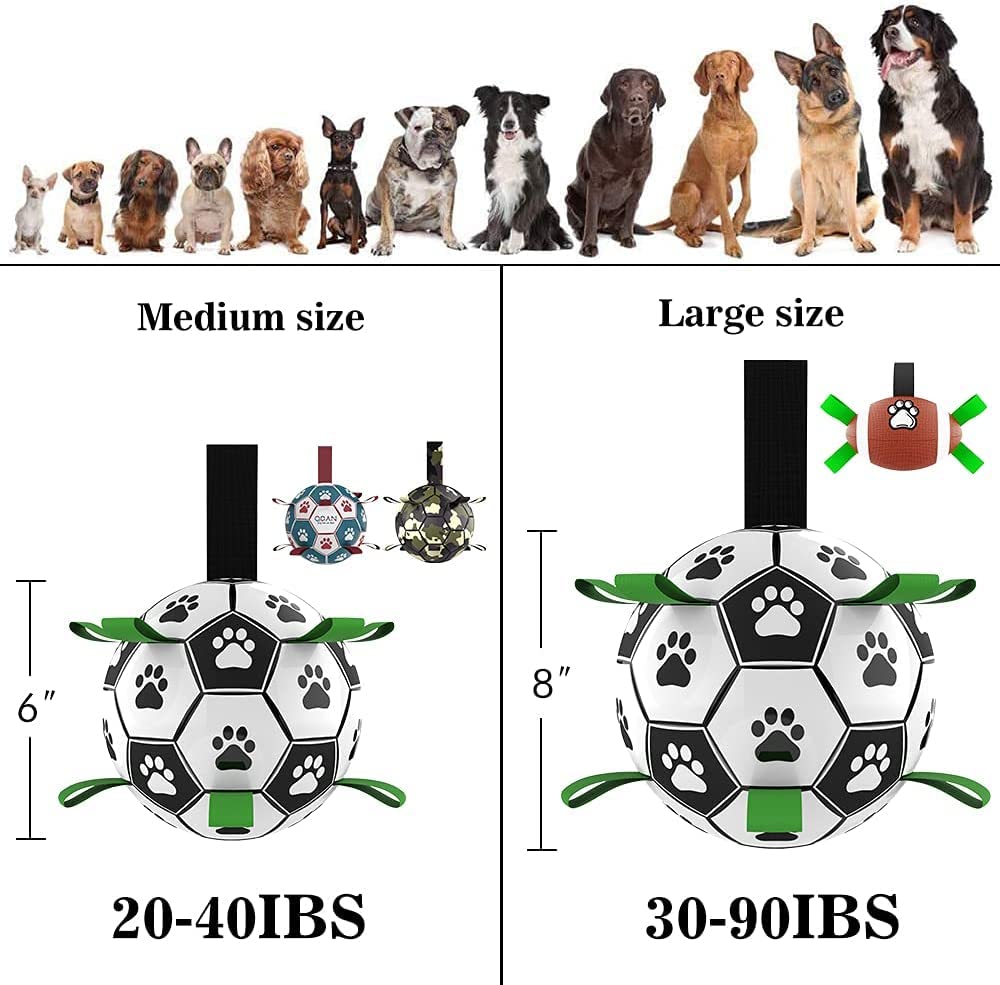 Dog toy with paw prints shown in medium and large sizes, accompanied by a line of dogs for scale.