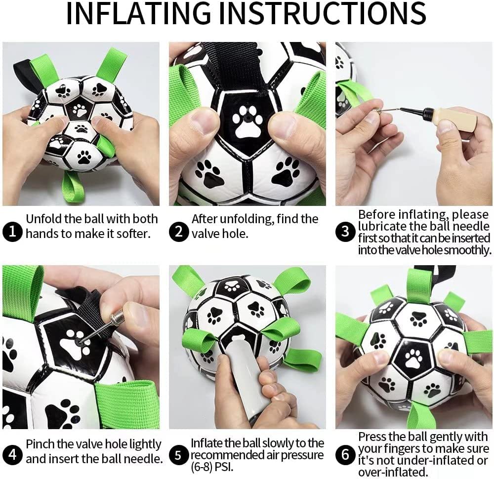 Step-by-step instructions for inflating a soccer ball with paw prints, showing hands performing each action.
