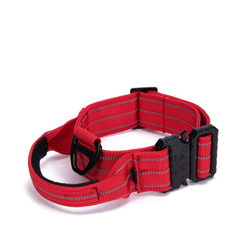 Red dog collar with reflective stripes on a white background