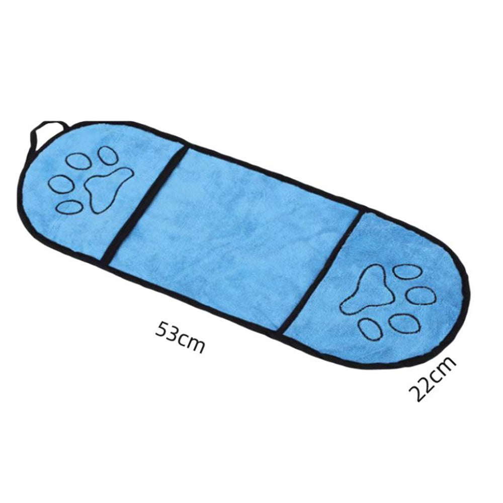 Blue towel with paw prints and dimensions on a white background