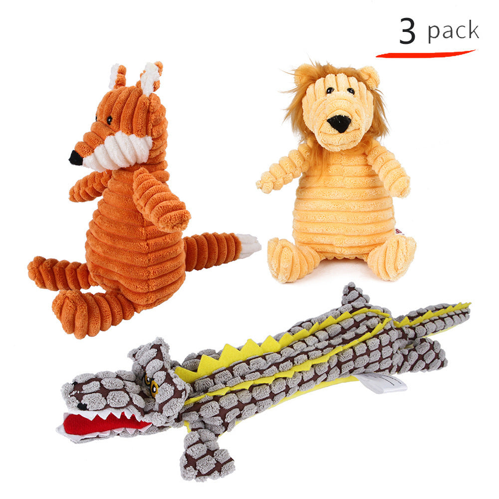 Three plush toys shaped like a fox, lion, and crocodile on a white background with '3 pack' text.