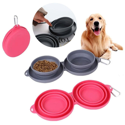 Collapsible pet bowls in gray and pink with a dog and close-up inset 