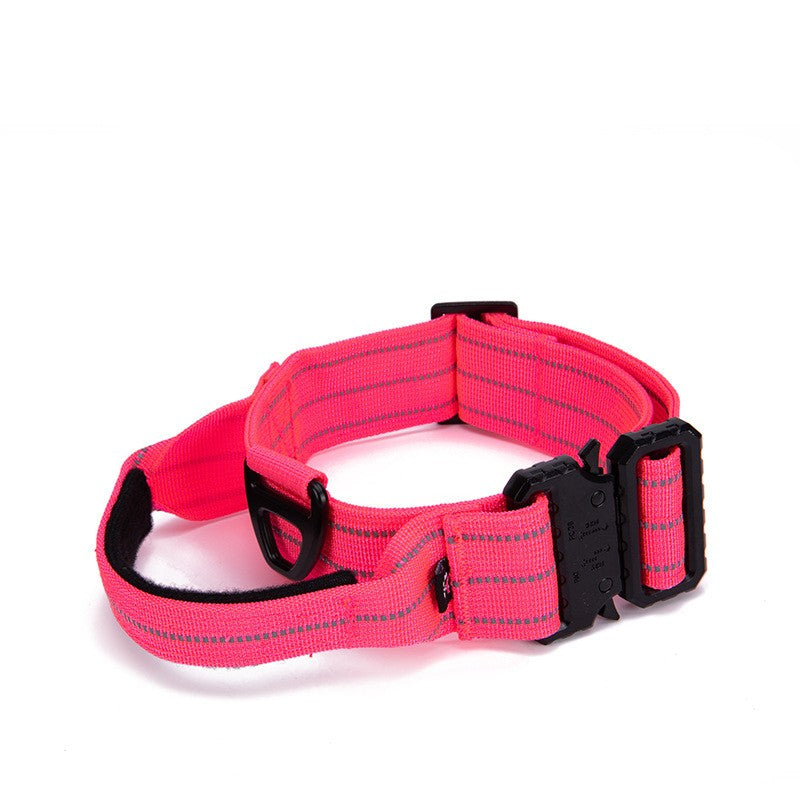 Pink dog collar with reflective stripes on a white background