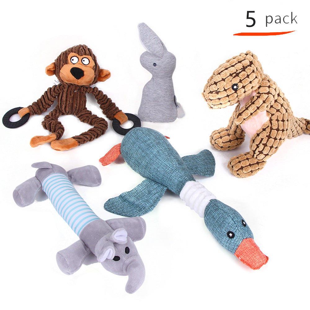 Five colorful animal-shaped dog toys on a white background with '5 pack' text.