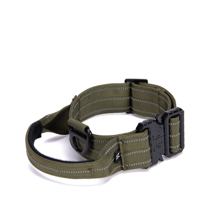 Green tactical dog collar with black buckle on a white background