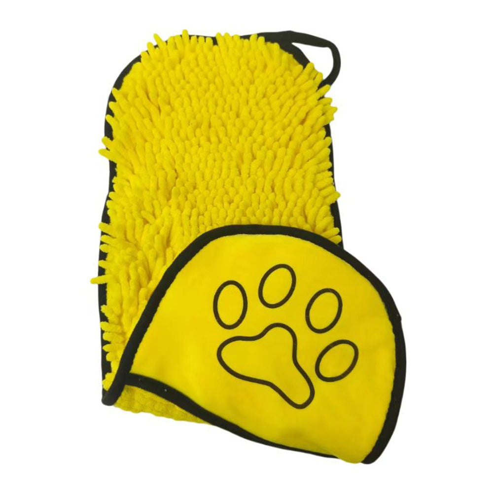 Yellow towel with a paw print design on a white background