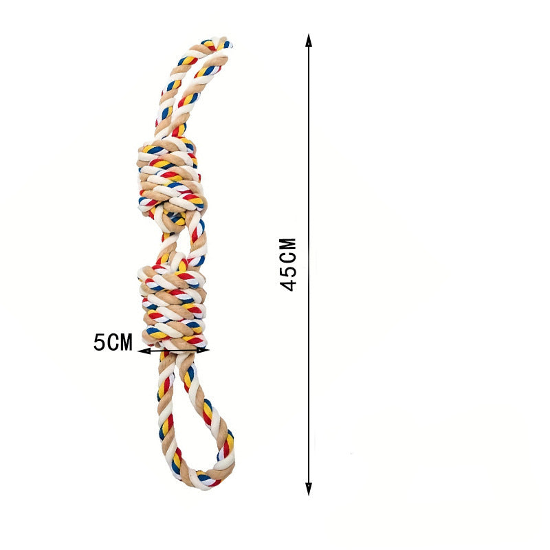 Colorful rope toy with measurements on a white background