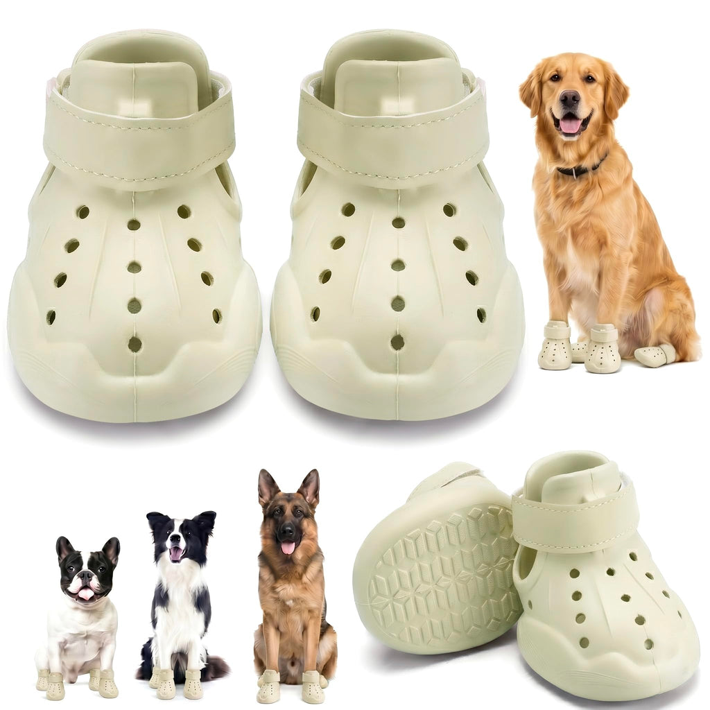 Beige dog boots with a golden retriever, Boston terrier, and German shepherd wearing them on a white background.