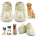 Beige dog boots with a golden retriever, Boston terrier, and German shepherd wearing them on a white background.