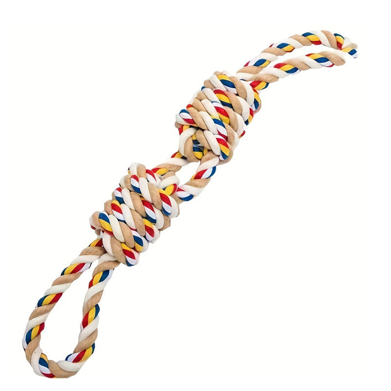 Dog toy with braided rope in red, yellow, and blue on a white background