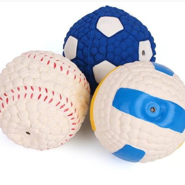 Three textured balls resembling a baseball, soccer ball, and rugby ball on a white background