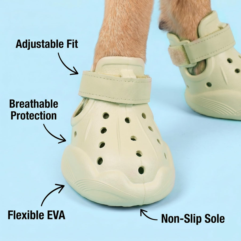 Dog paw in a beige protective boot 
