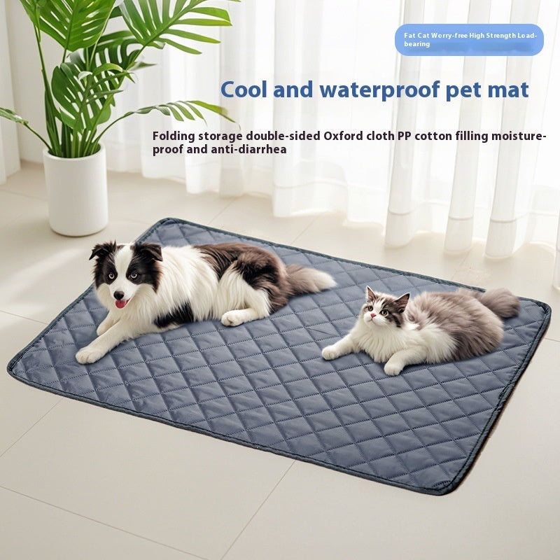 Dog and cat lying on a cool and waterproof pet mat in a room 