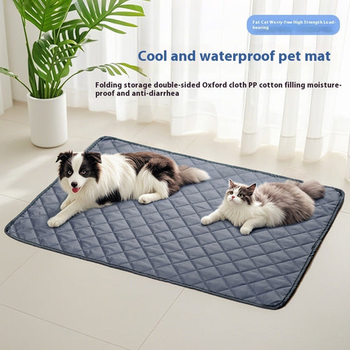 Dog and cat lying on a cool and waterproof pet mat in a room 