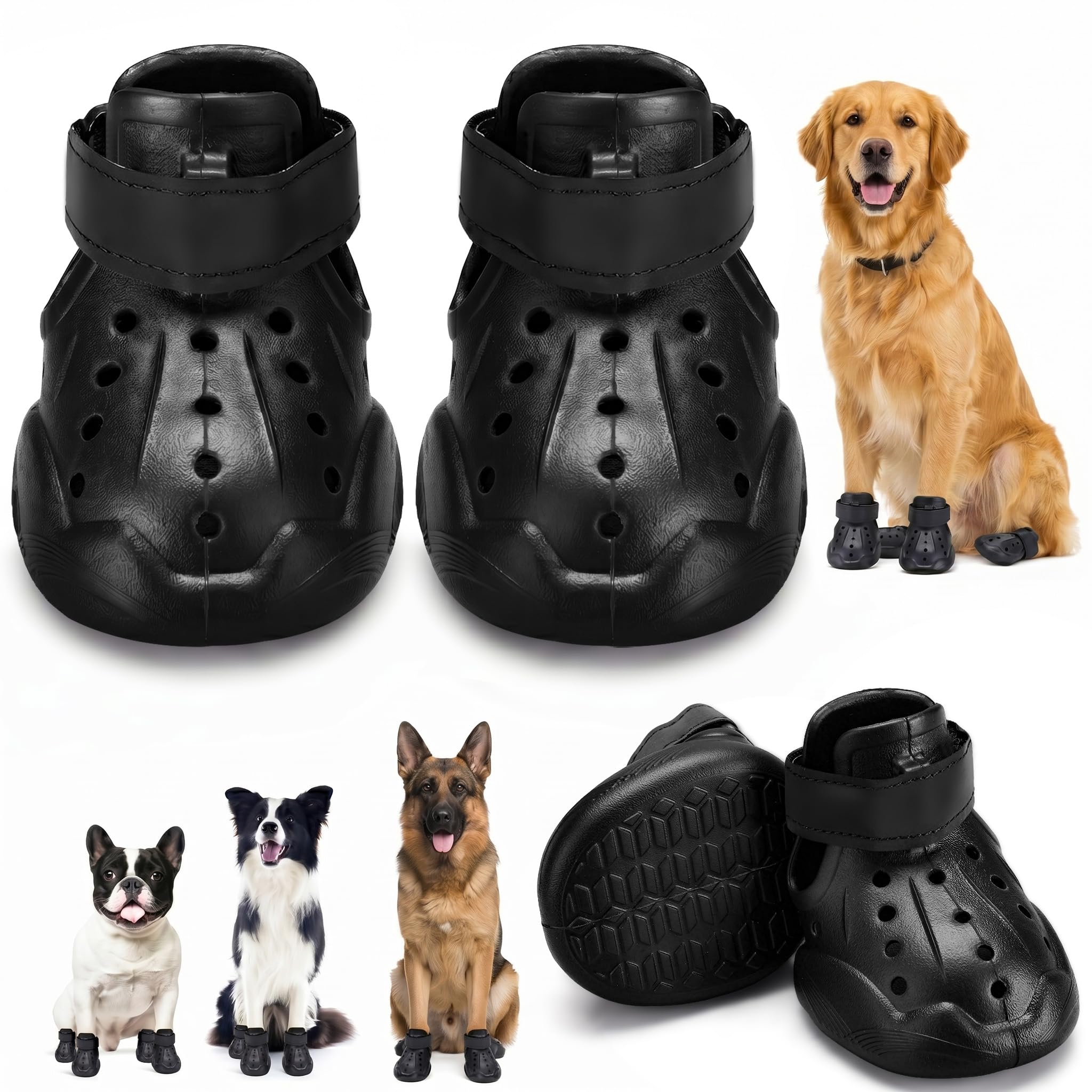 Black dog boots with a golden retriever and other breeds 