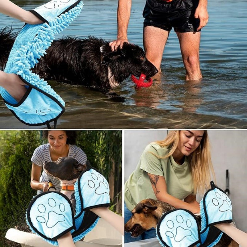 Collage of a person using a towel on a dog in water, a woman with a dog, and a person with paw-patterned slippers.