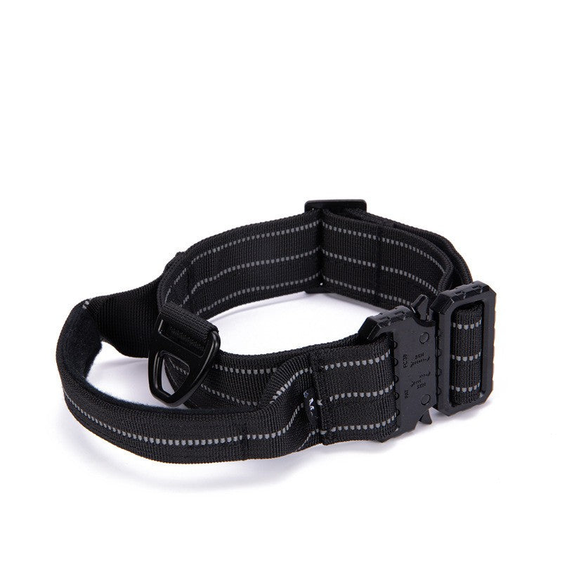 Black tactical belt with reflective stripes on a white background