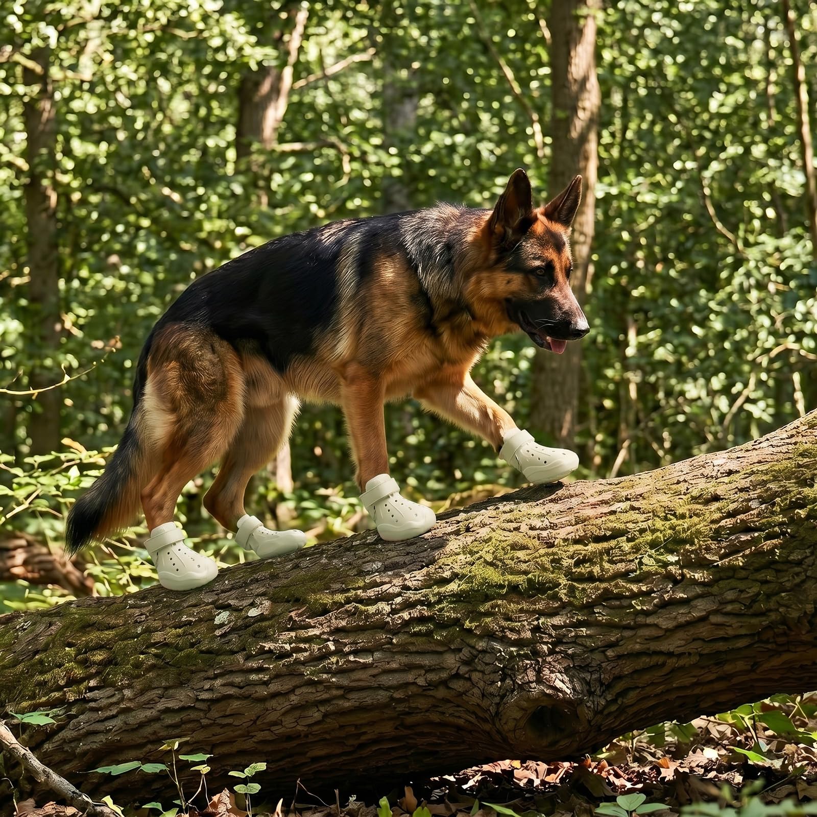 German Shepherd walking on a log with booties on its paws in a forest setting