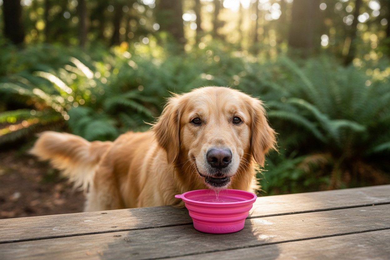Golden retriever drinking from a pink silicone folding bowl on a sunny hiking trail